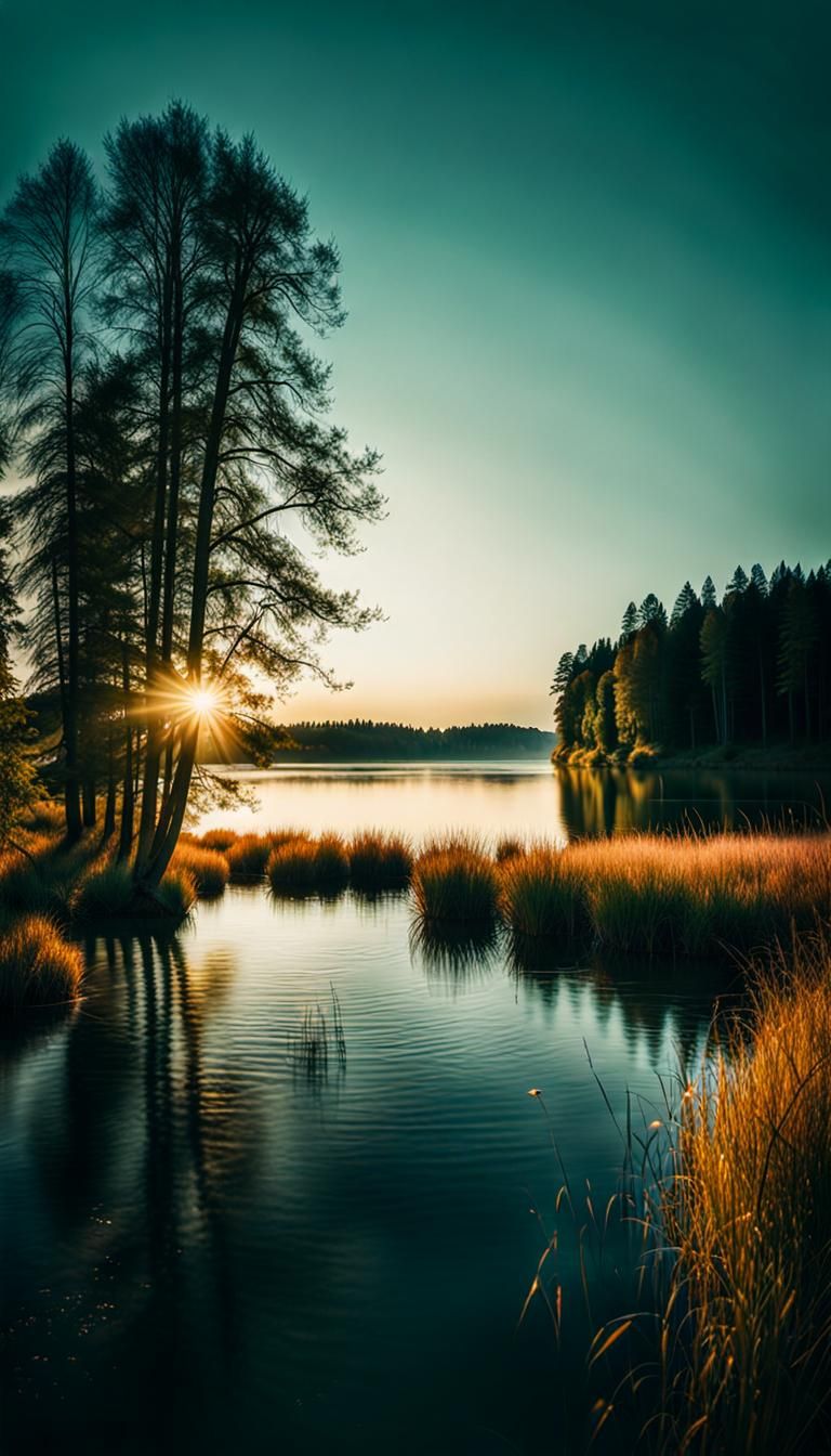 Enchanted Lake at Sunset in Watercolor Style