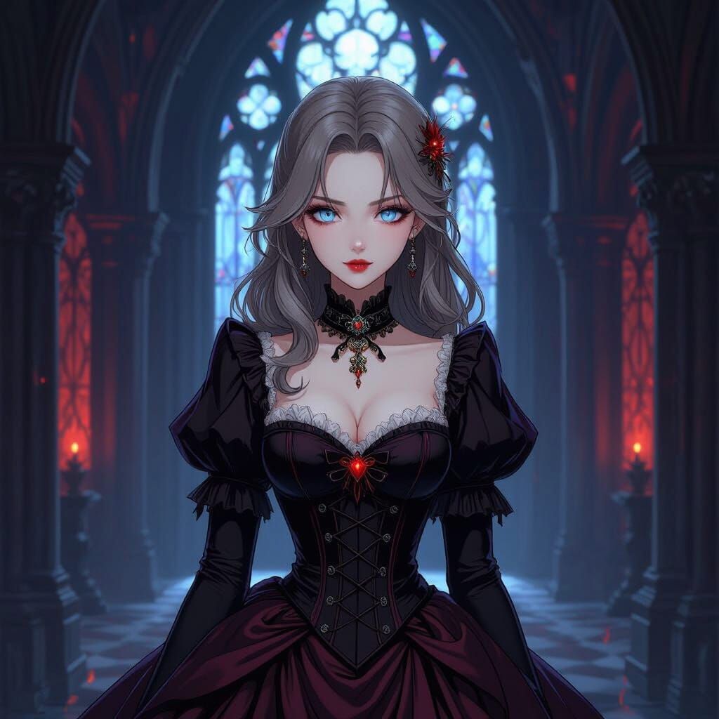 Anime Vampire Woman in Victorian Dress with Gothic Castle