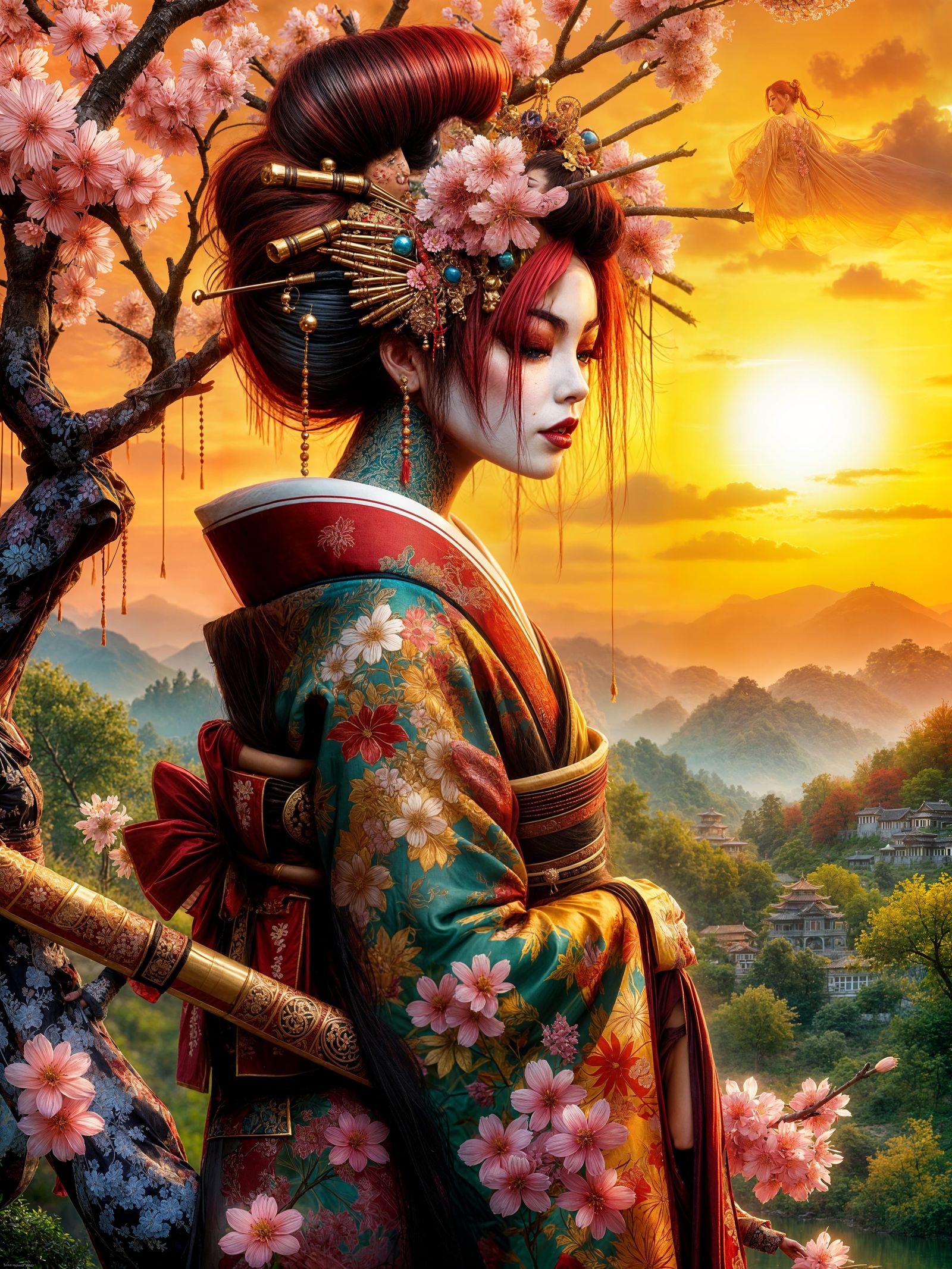 Warrior Geisha with Katana at Sunset