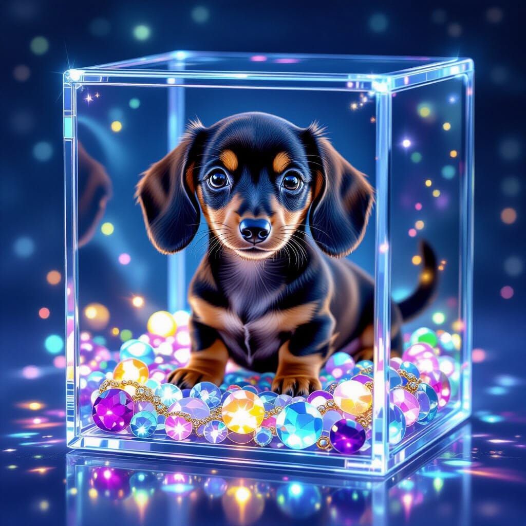 Baby Dachshund in Jewelry Box with Glowing Gems