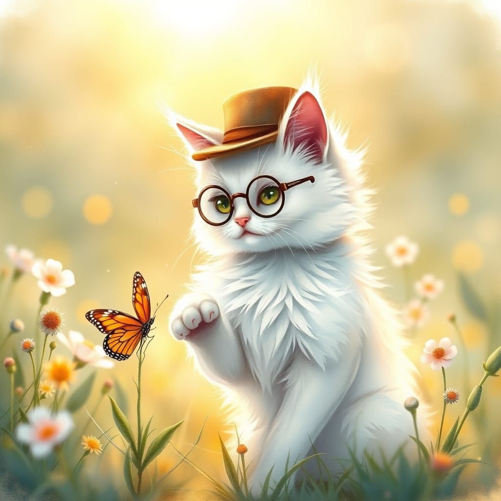 Cat in Top Hat: Whimsical Watercolor Meadow Scene