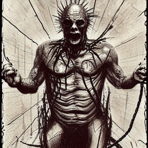 Horrific Flesh Transformation in Engraving Style