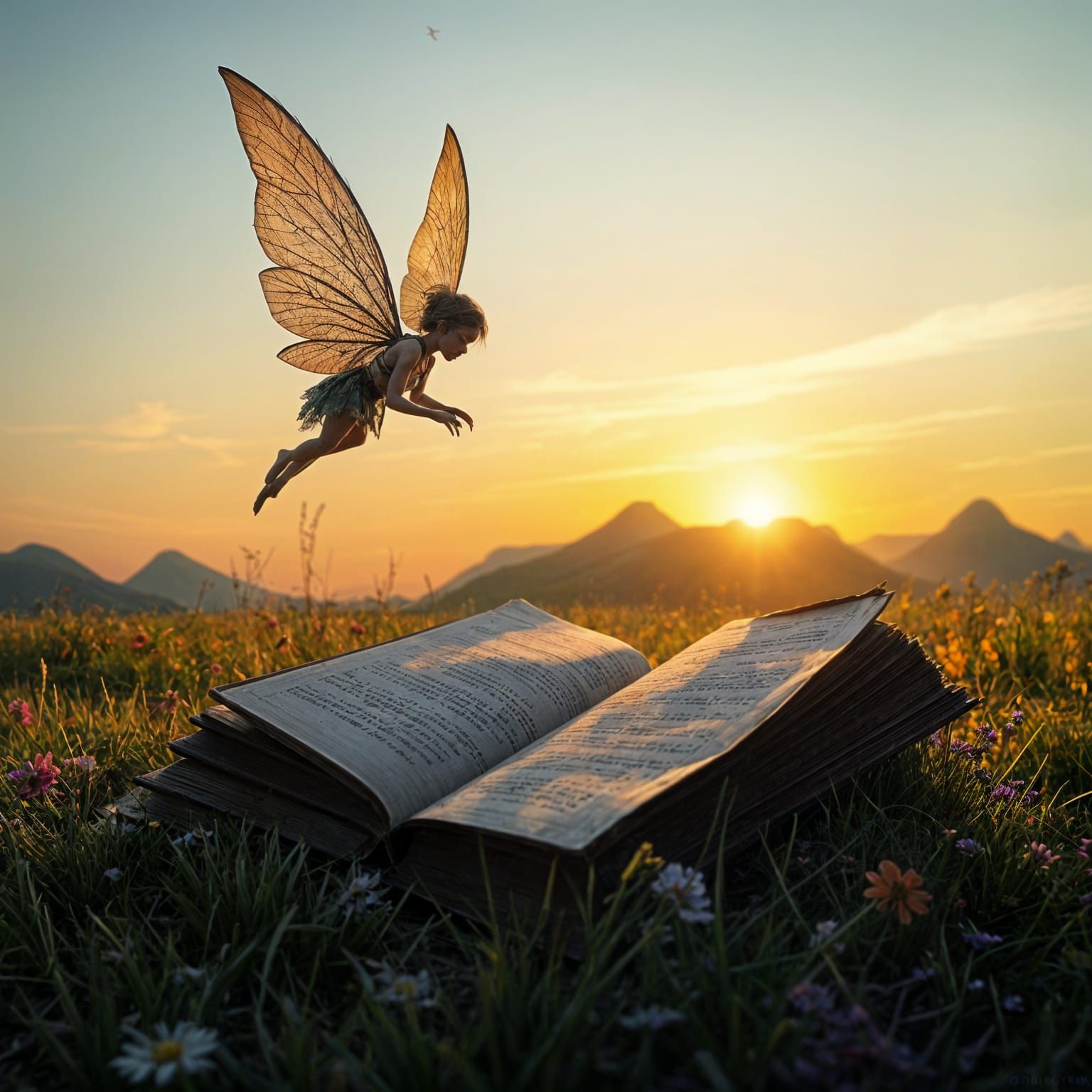Mystical Faerie Soars Above Ancient Tomes in a Sunrise Meado...