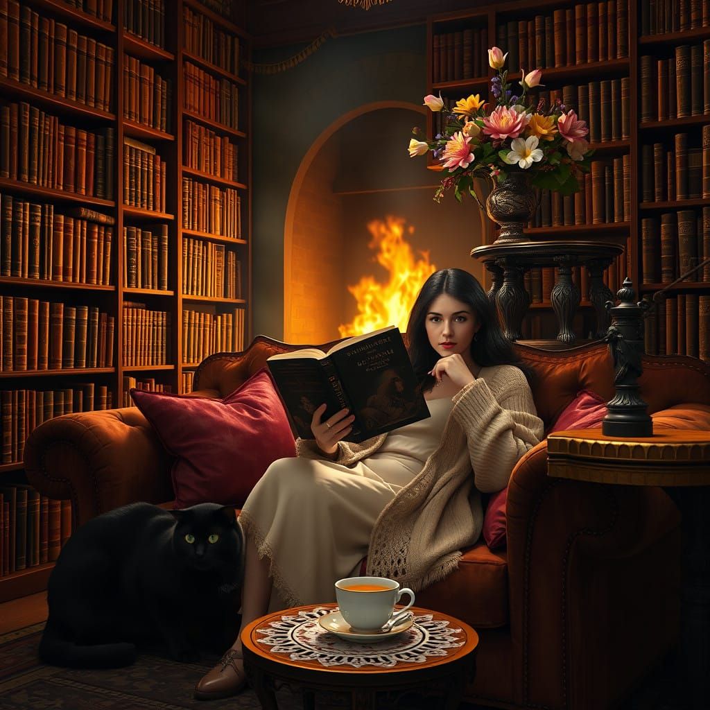 Woman Lost in Book with Feline Companion by the Fire