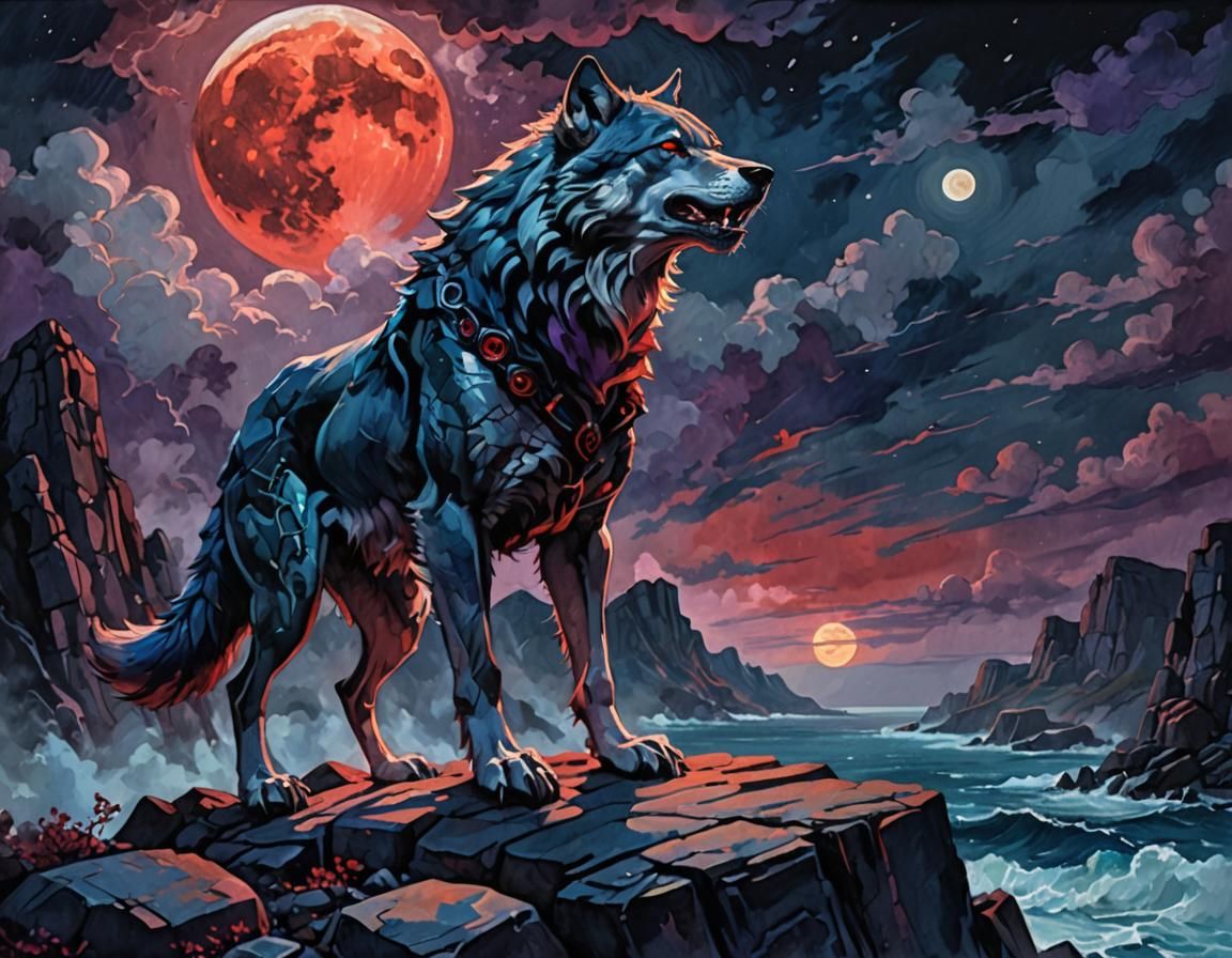 Cyborg Wolf Man Howling at Moon, Gouache Fantasy Art
