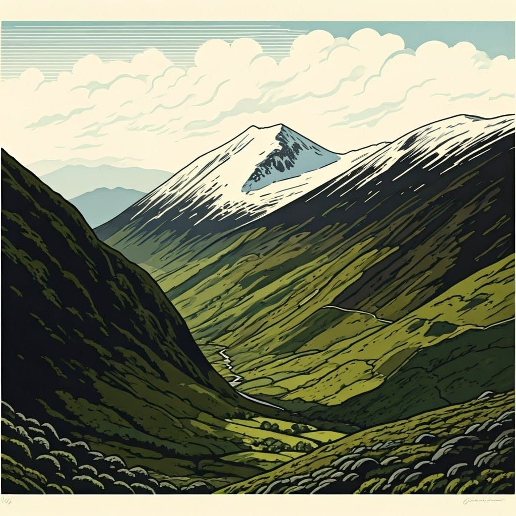 Welsh Mountain Landscape in Traditional Woodcut Style