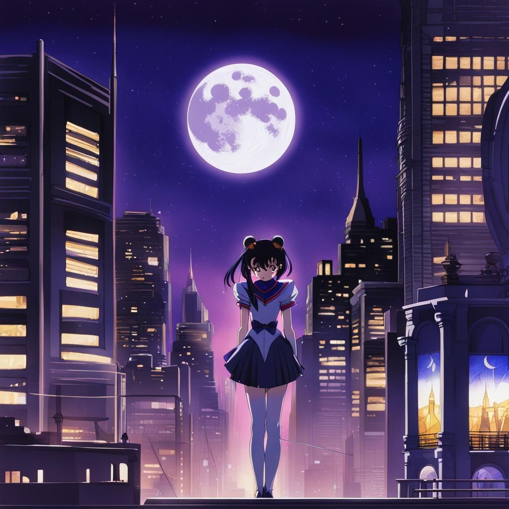 Sailor Saturn Nighttime Cityscape in Anime Style