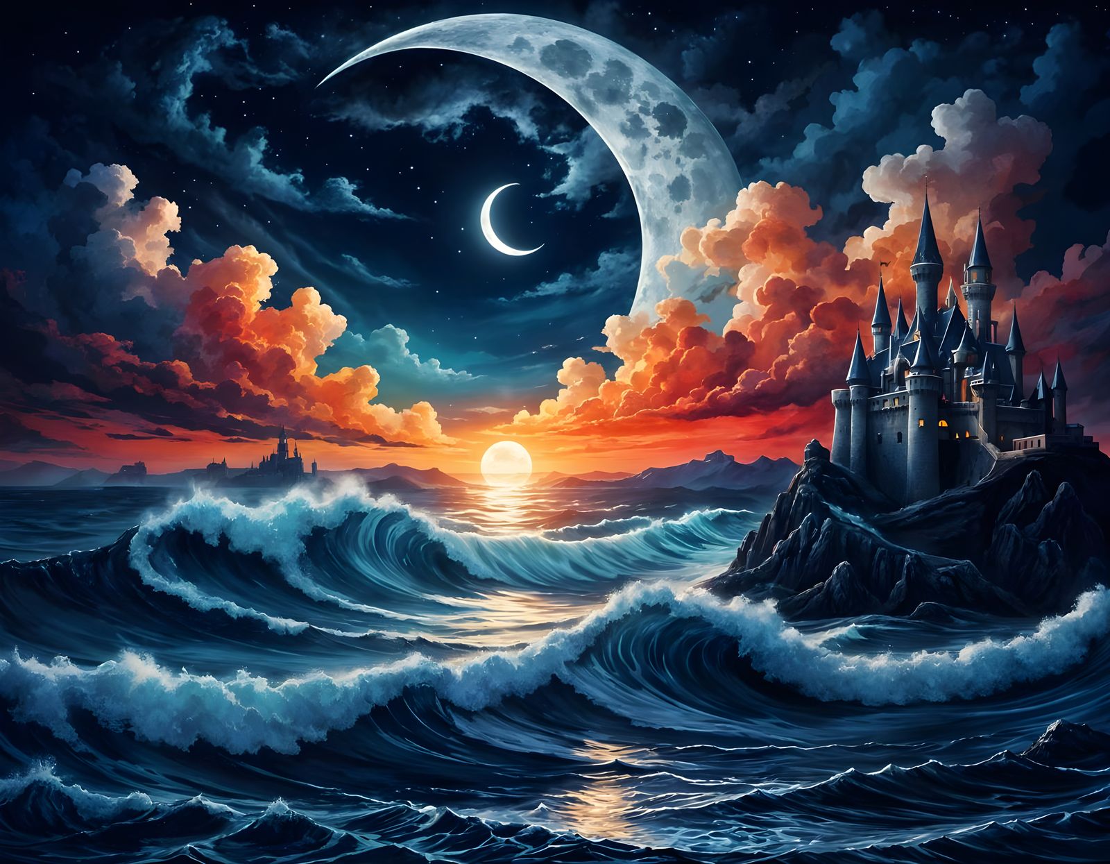 Ethereal Moonlit Castle Amidst Nebulae Waves