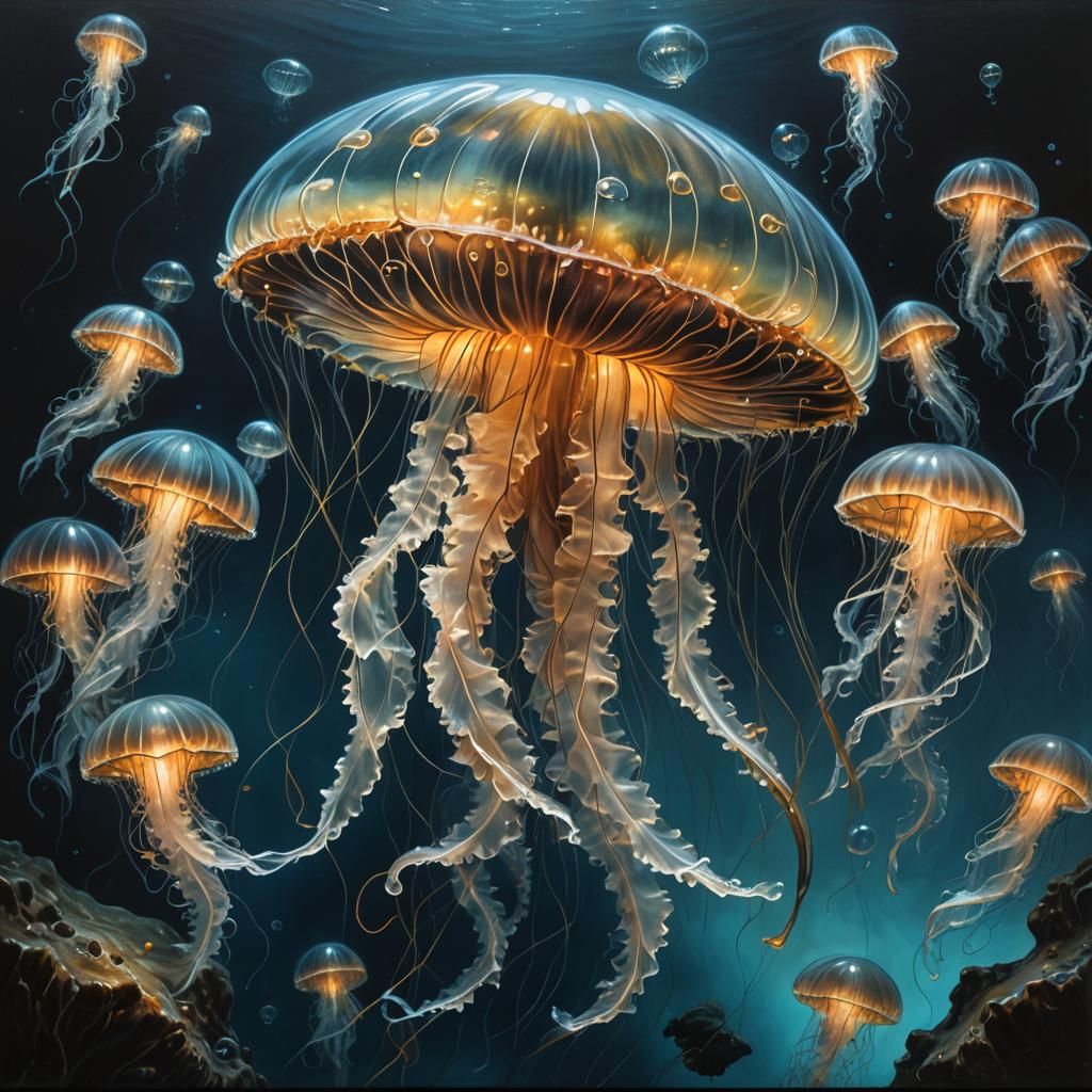 Glowing Glass Jellyfish in Dark Ocean, Oil Painting