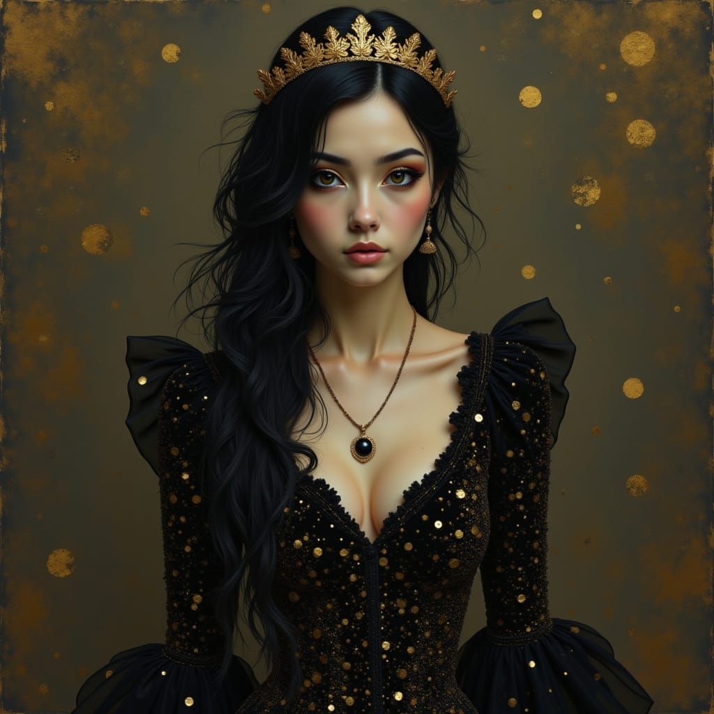 Elegant Woman in Black Velvet Dress and Gold Crown