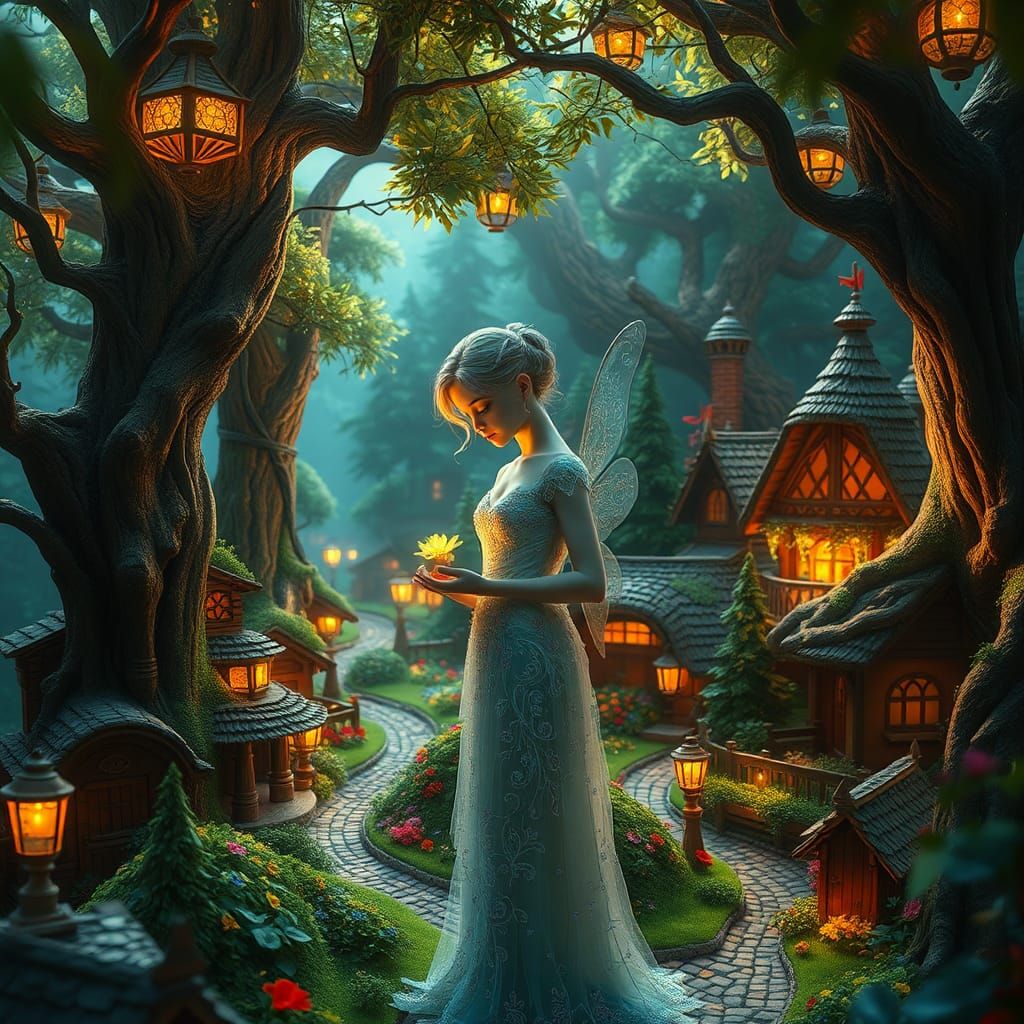 Enchanted Fairy Village in Lush Forest: Fantasy Art