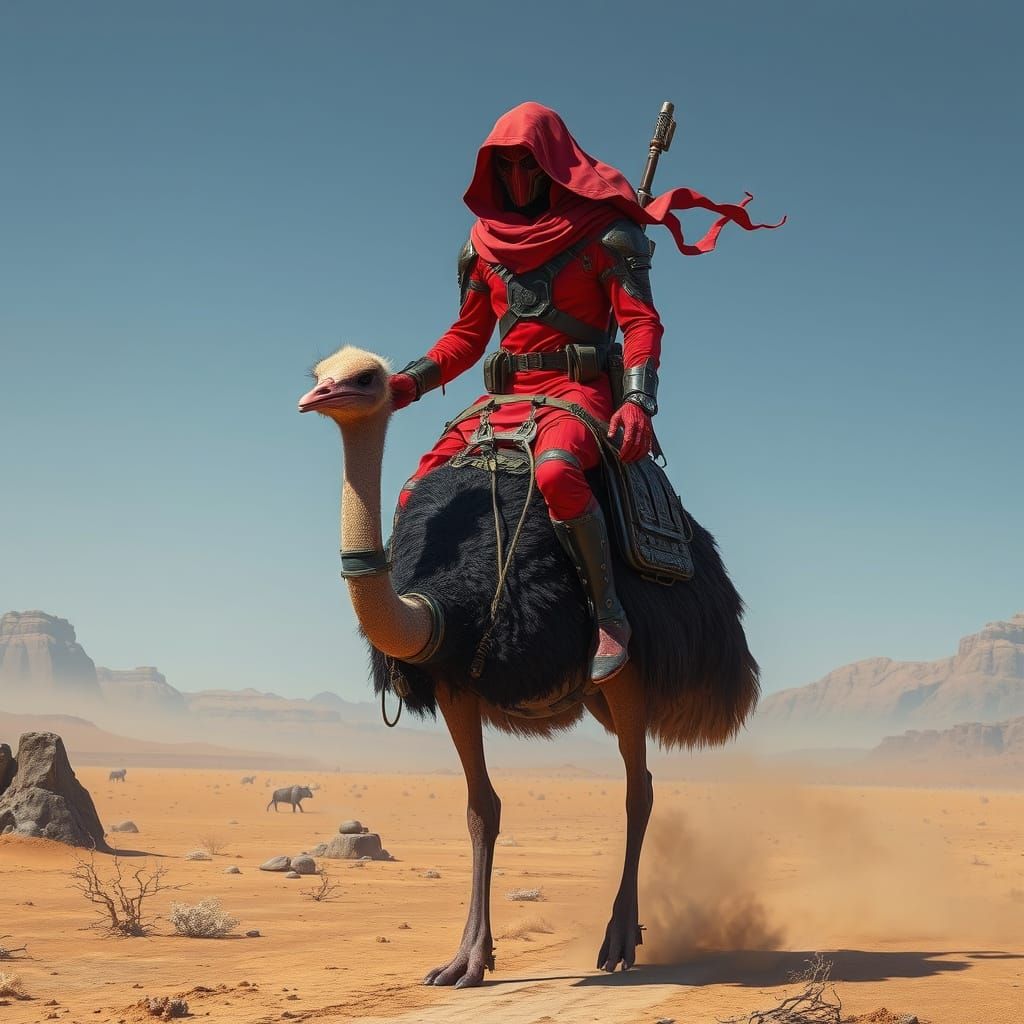 Necron 99 Rides an Ostrich Through Barren Wasteland