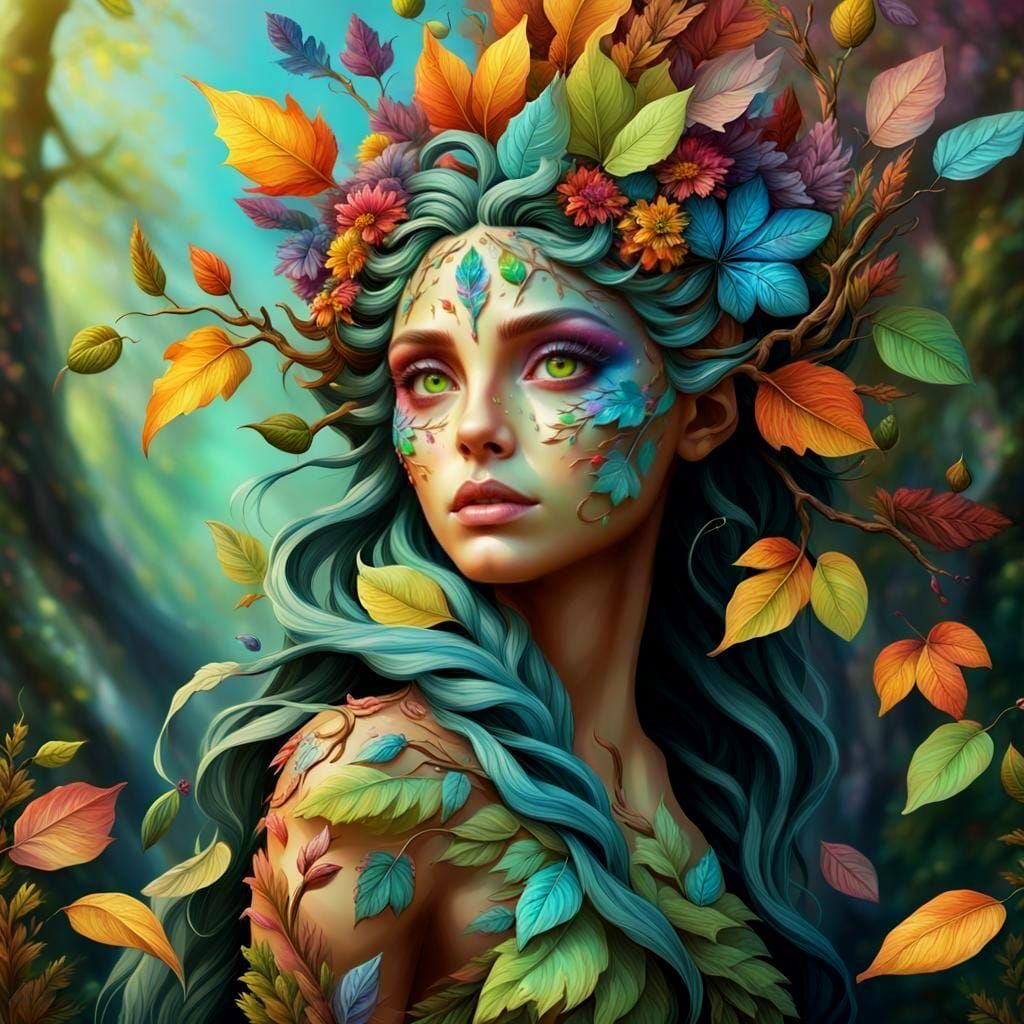 Colorful Dryad with Leaves and Flowers in Splash Art