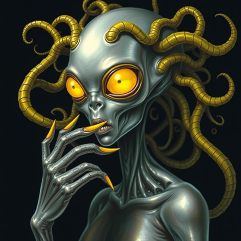 Surreal Alien Goddess in Iridescent Silver and Vibrant Yello...
