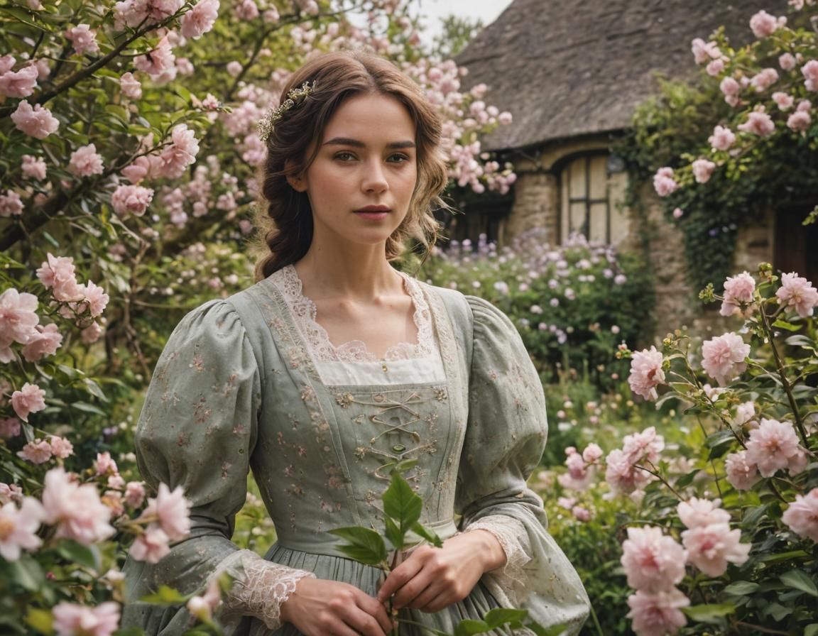 Majestic Lady in a Blossoming English Garden