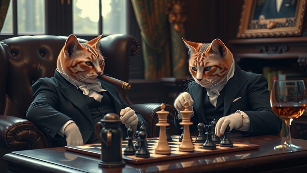 Victorian Cats Play Chess in Luxurious Study