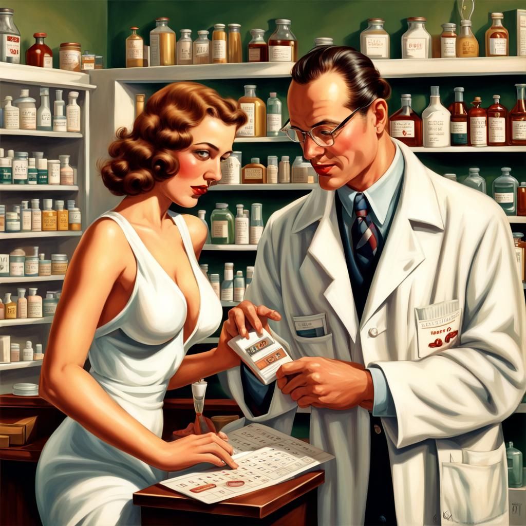 1930s Pin-Up Girl at Pharmacy, Hyperrealistic Art