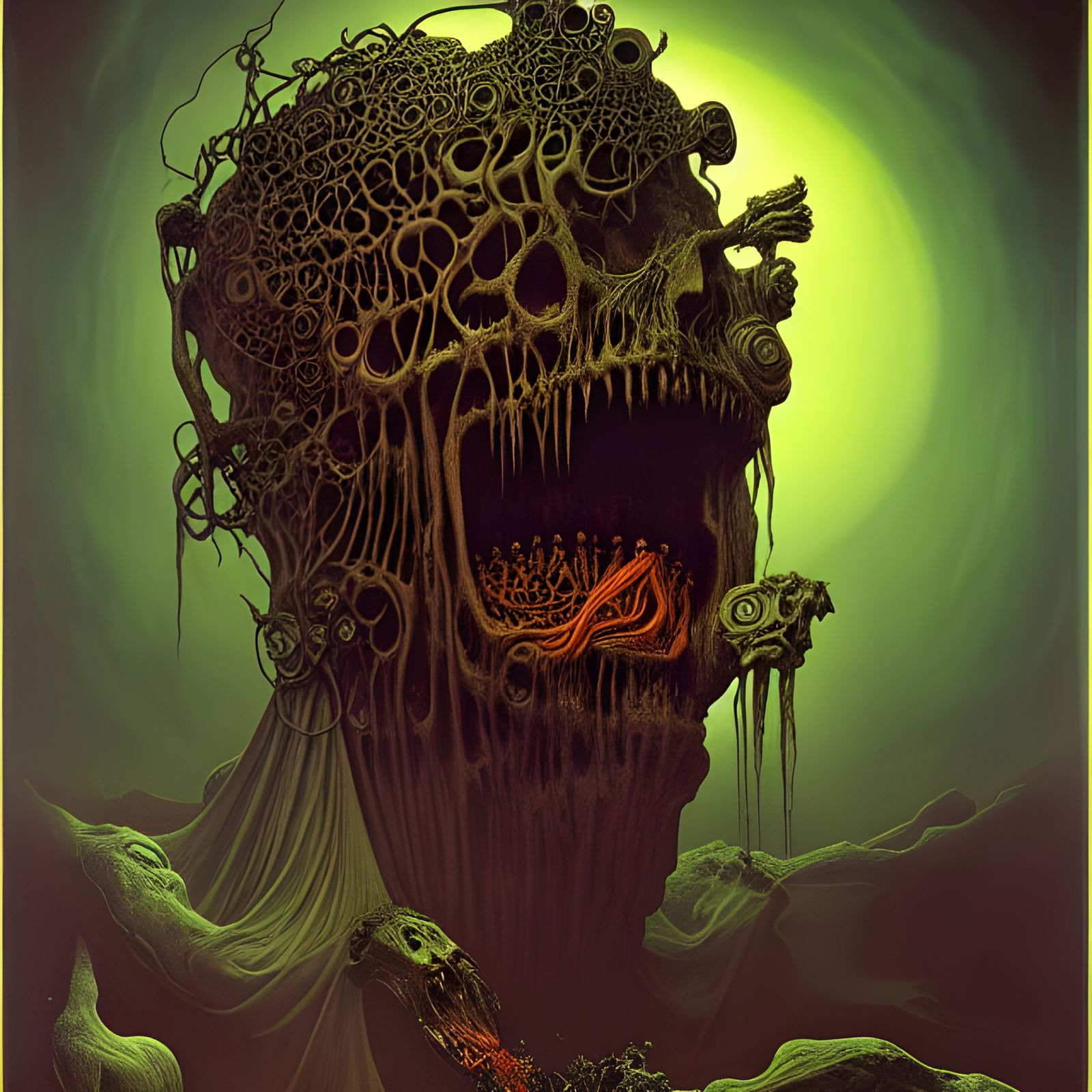 Scary Brain-Eating Abomination in Mucha-Beksiński Style