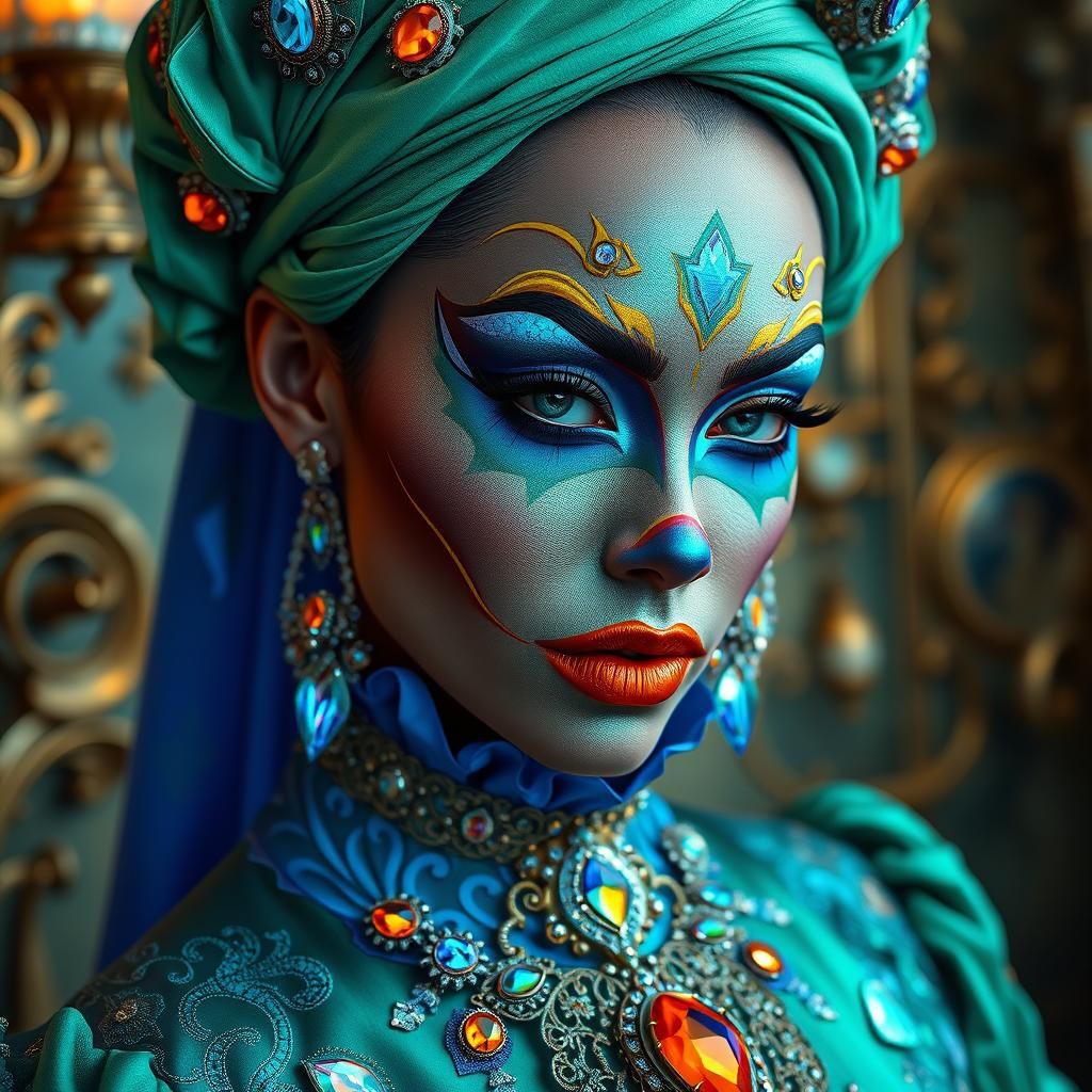 Woman in Gem-Studded Clown Makeup, Digital Art