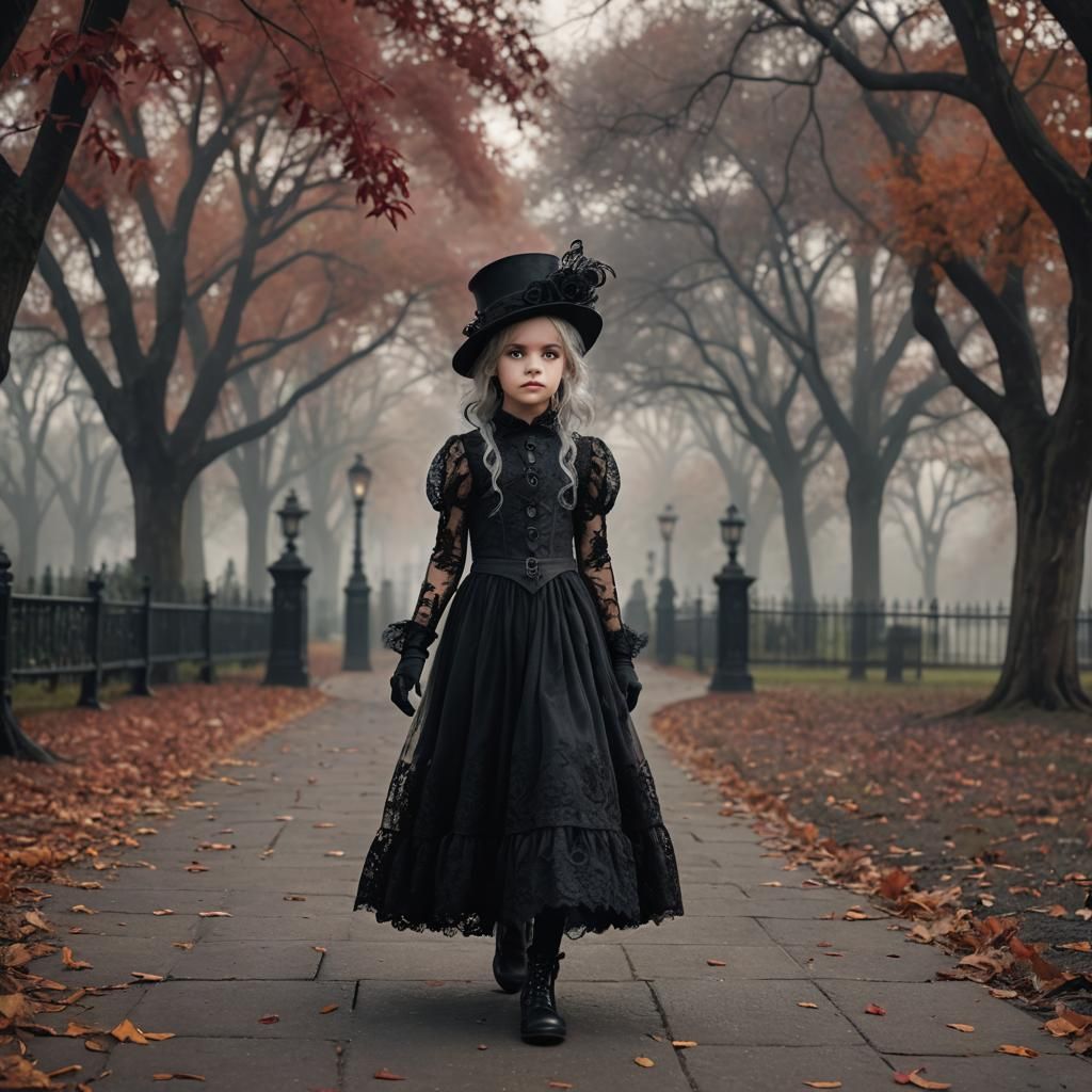 Pixie Child in Gothic Dress Walking in Autumn Park