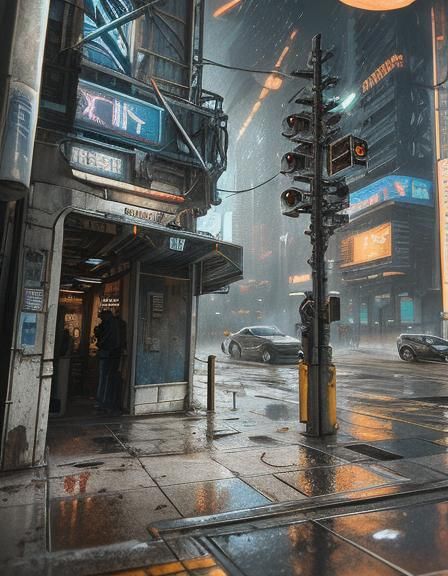 Robotic Entity in Cyberpunk Cityscape, Digital Art