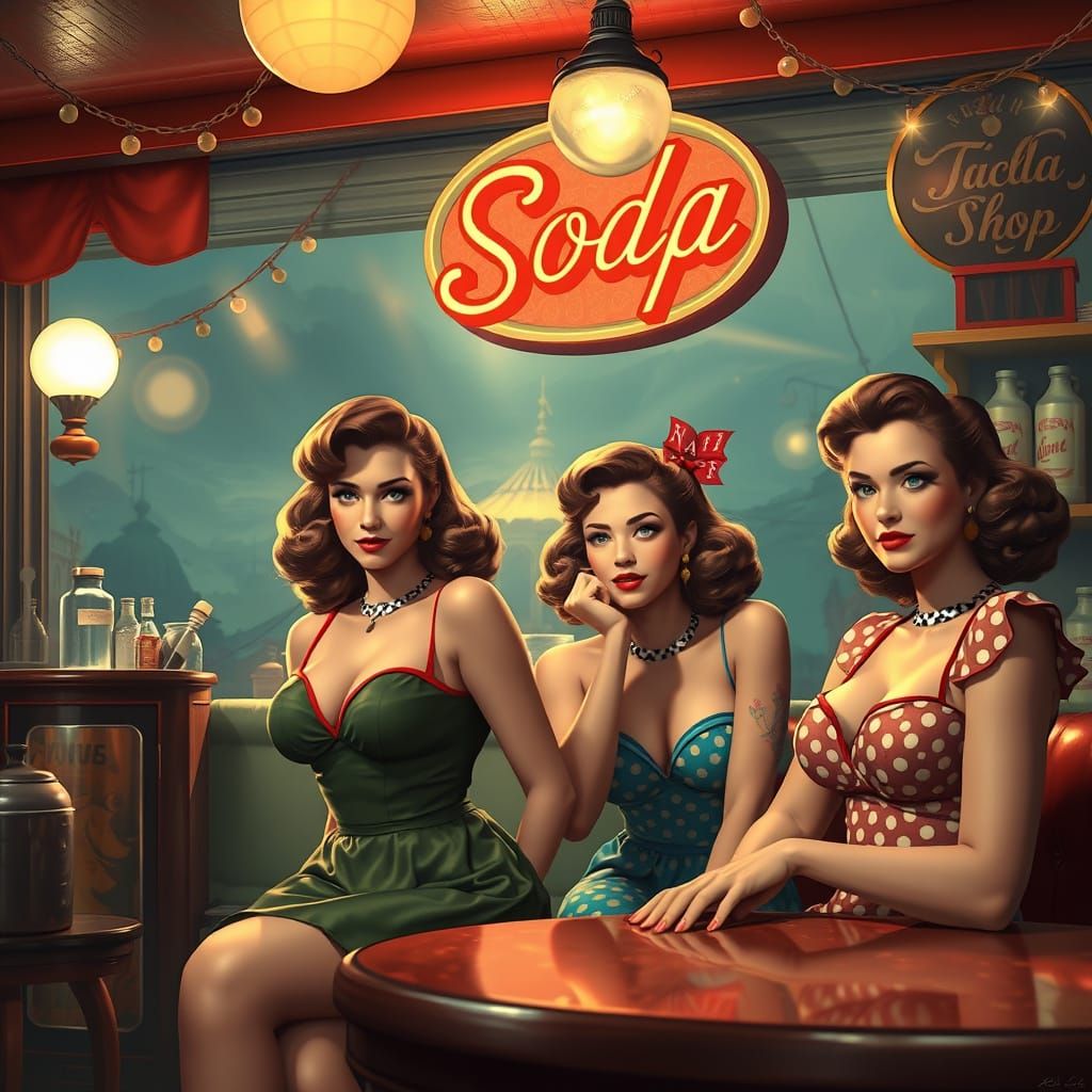 Vibrant 1940s Pin-Up Girls in a Whimsical Soda Shop Scene