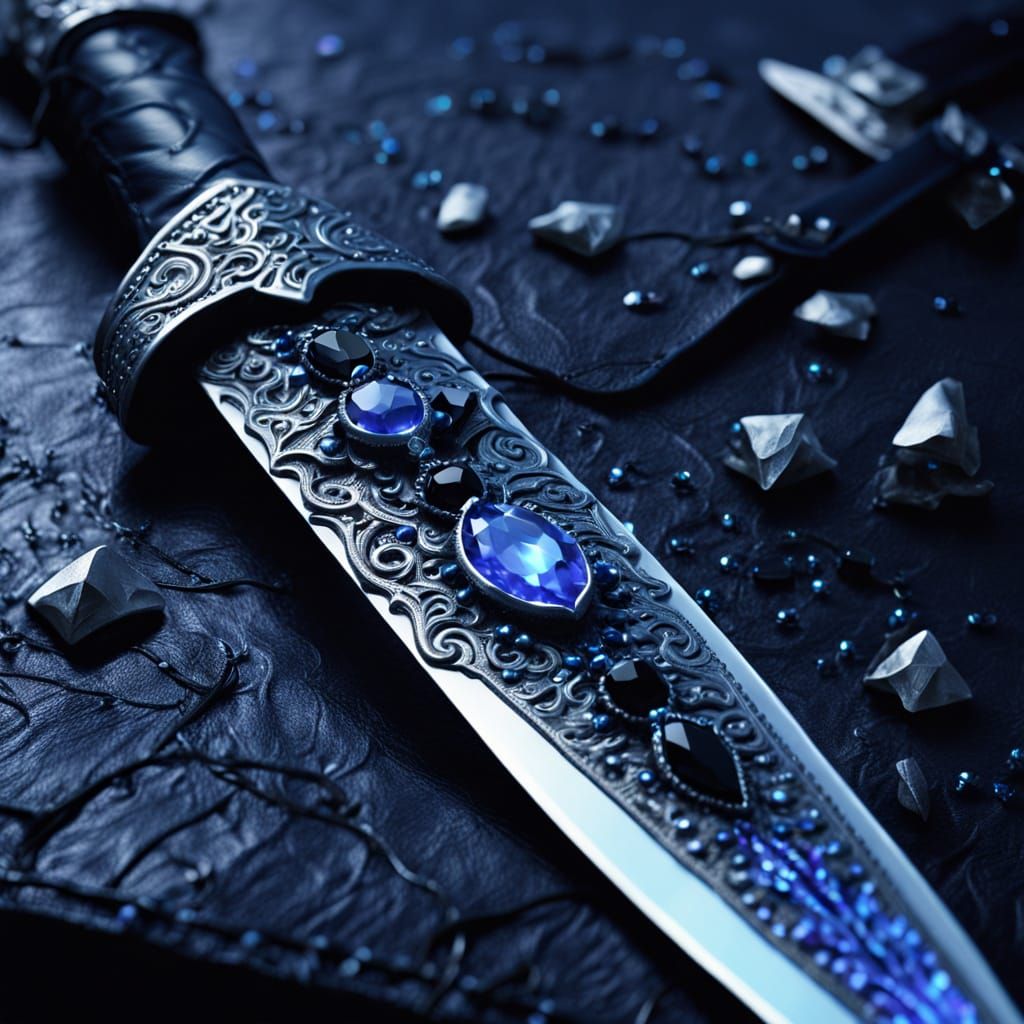 Ornate Silver Dagger with Black Gemstones in Mystical Light