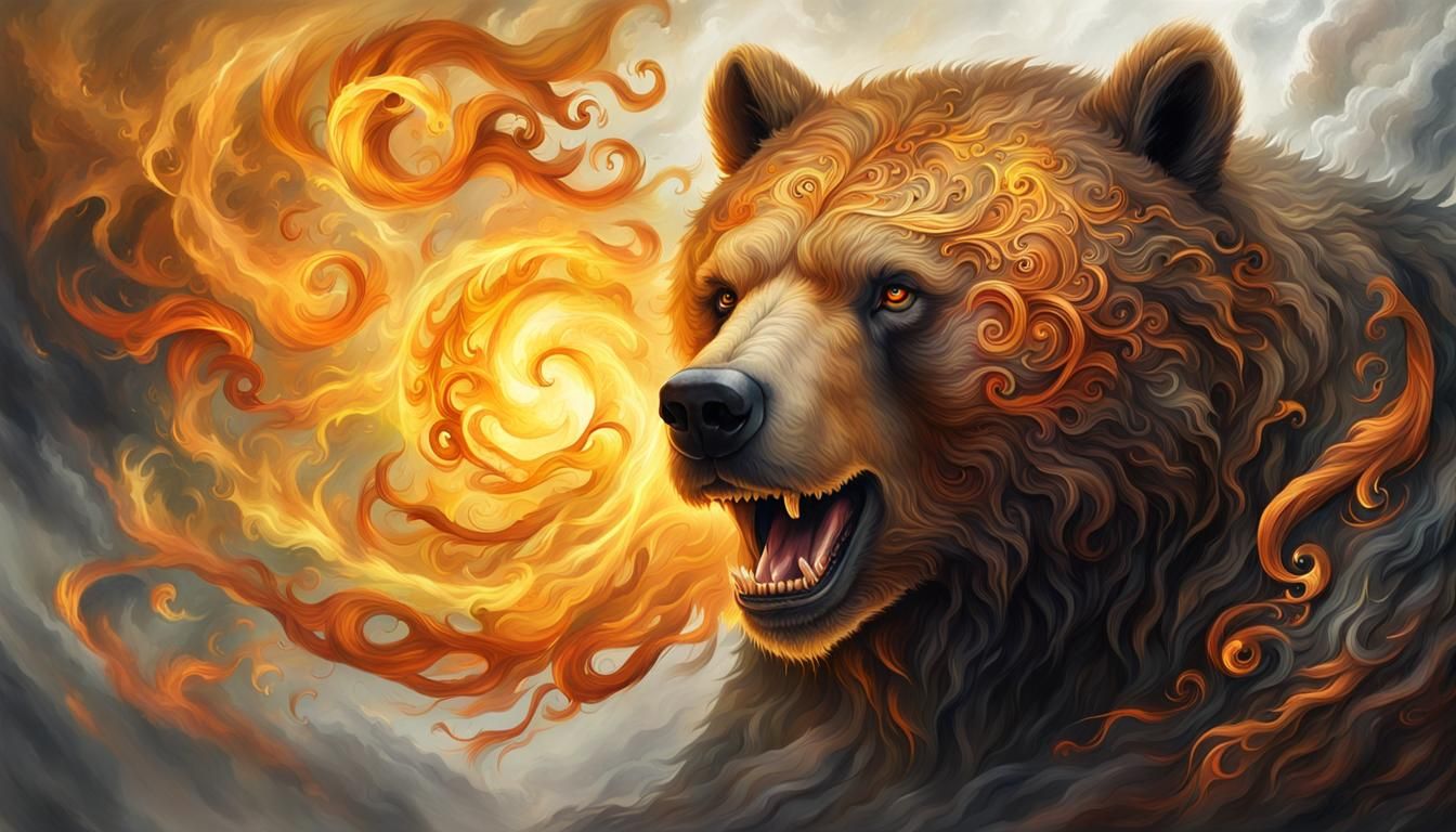Fantasy Fire Bear Portrait in Ornate Oil Painting