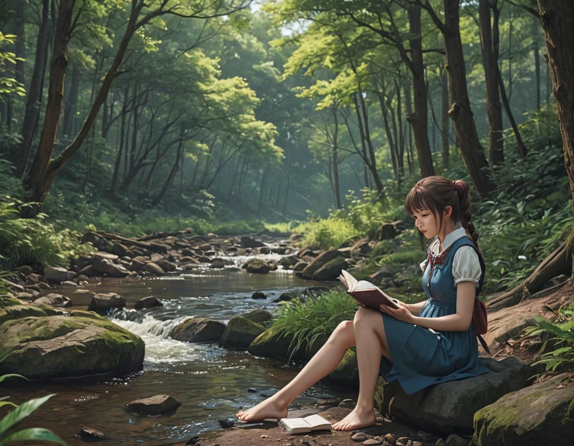 Anime Girl Reading by Creek in Cel-Shaded Style