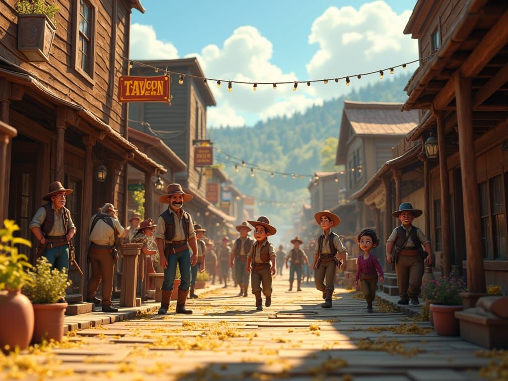 Pixar Style 19th Century Gold Rush Town Scene