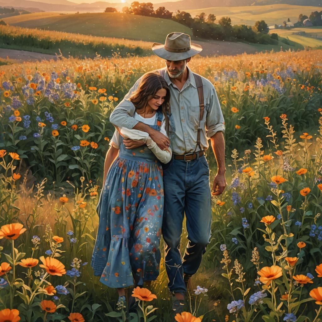 Romantic Farm Sunset in Realism Style