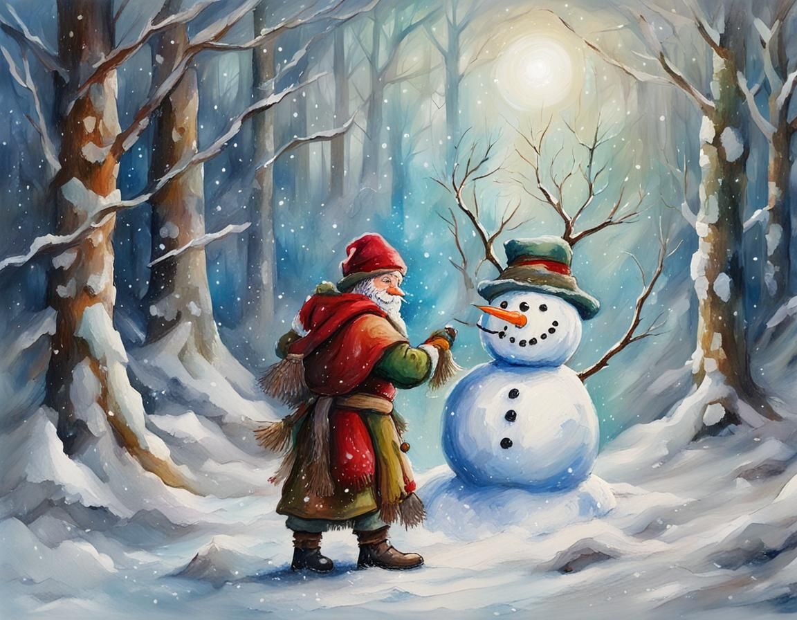 Old Elf Crafts a Winter Wonderland Snowman