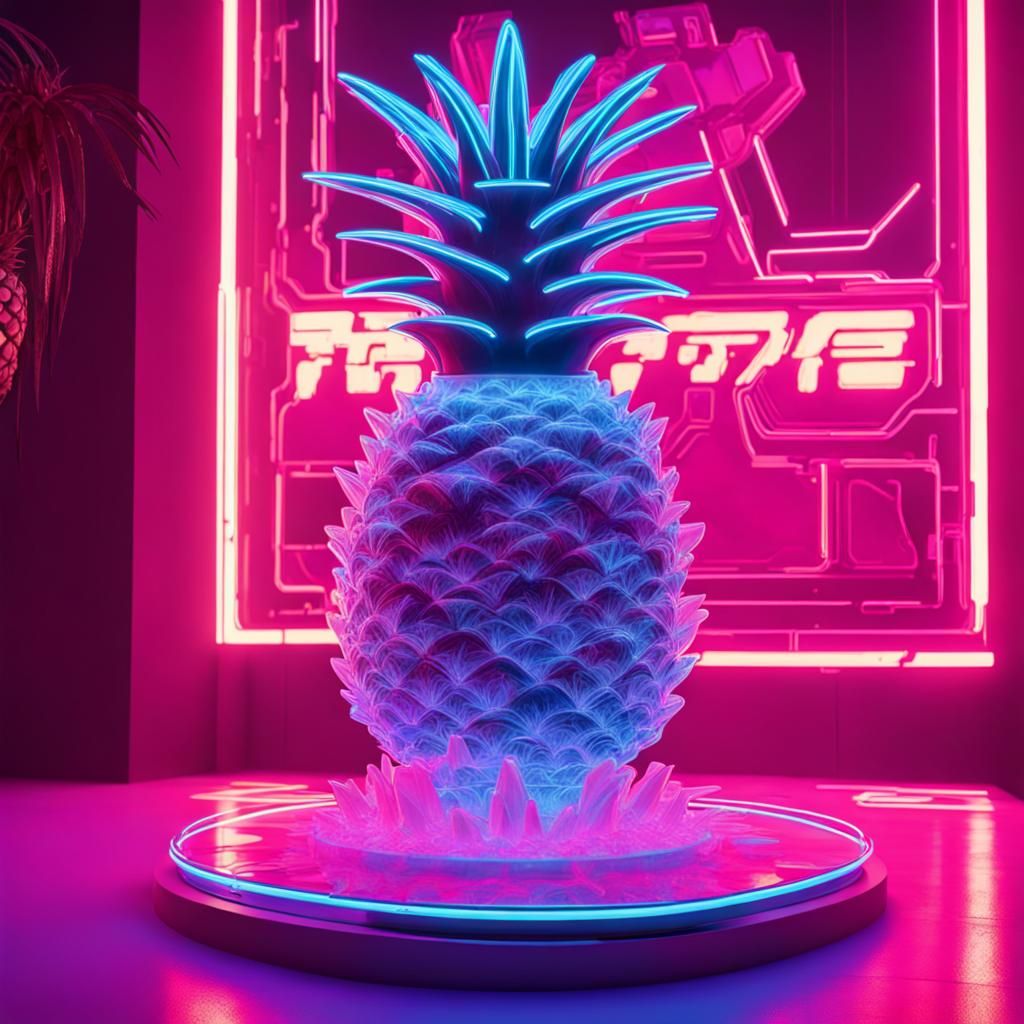 Cyberpunk Ice Pineapple Sculpture with Neon Lights