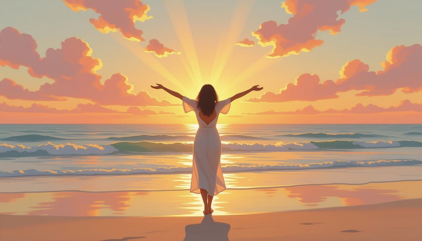 Sunrise Serenity: Impressionistic Beach Scene with Woman