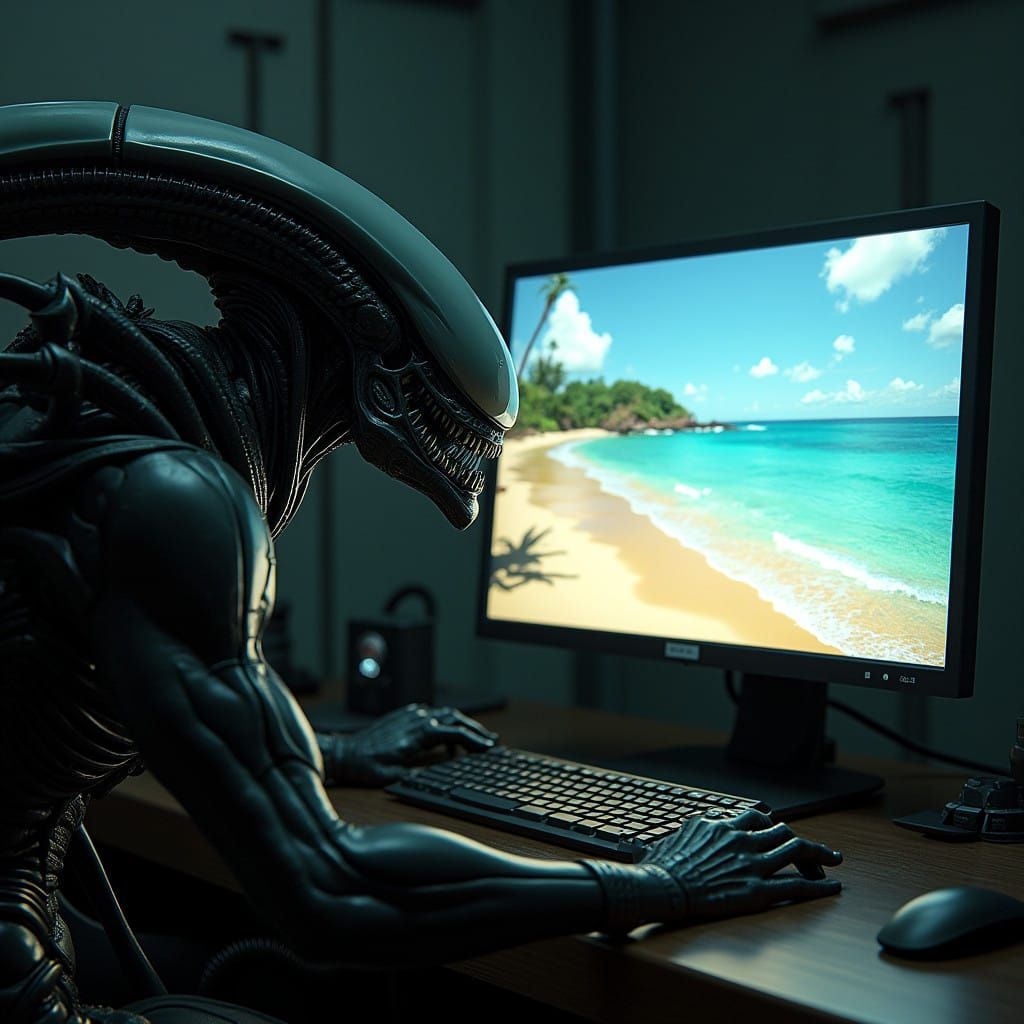 Alien Gazer Basks in Beach Serenity