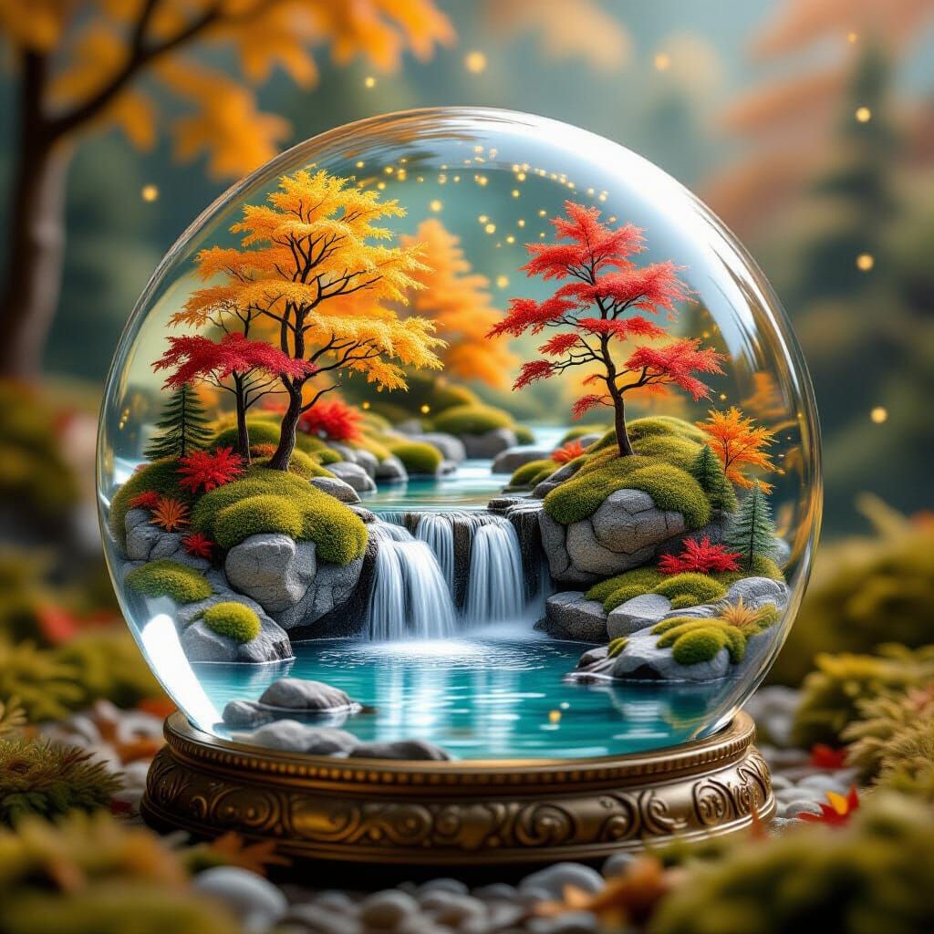 Enchanting Autumn Waterfall in a Vintage Snow Globe