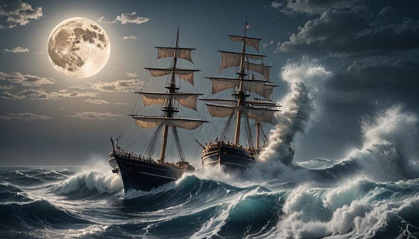 Dramatic Seascape: Ship on a Wave Under Moonlight