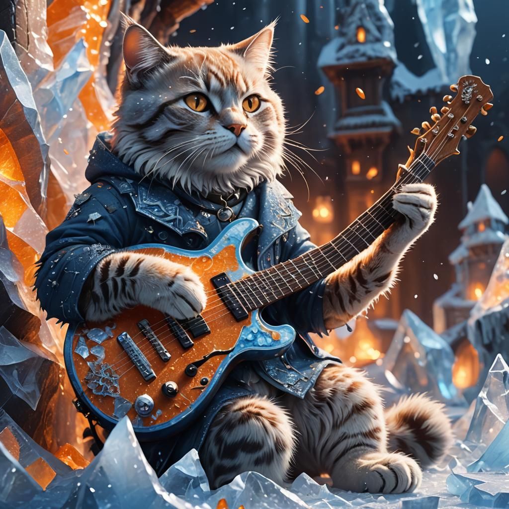 Cat Playing Guitar in Fantastical Icy Painting
