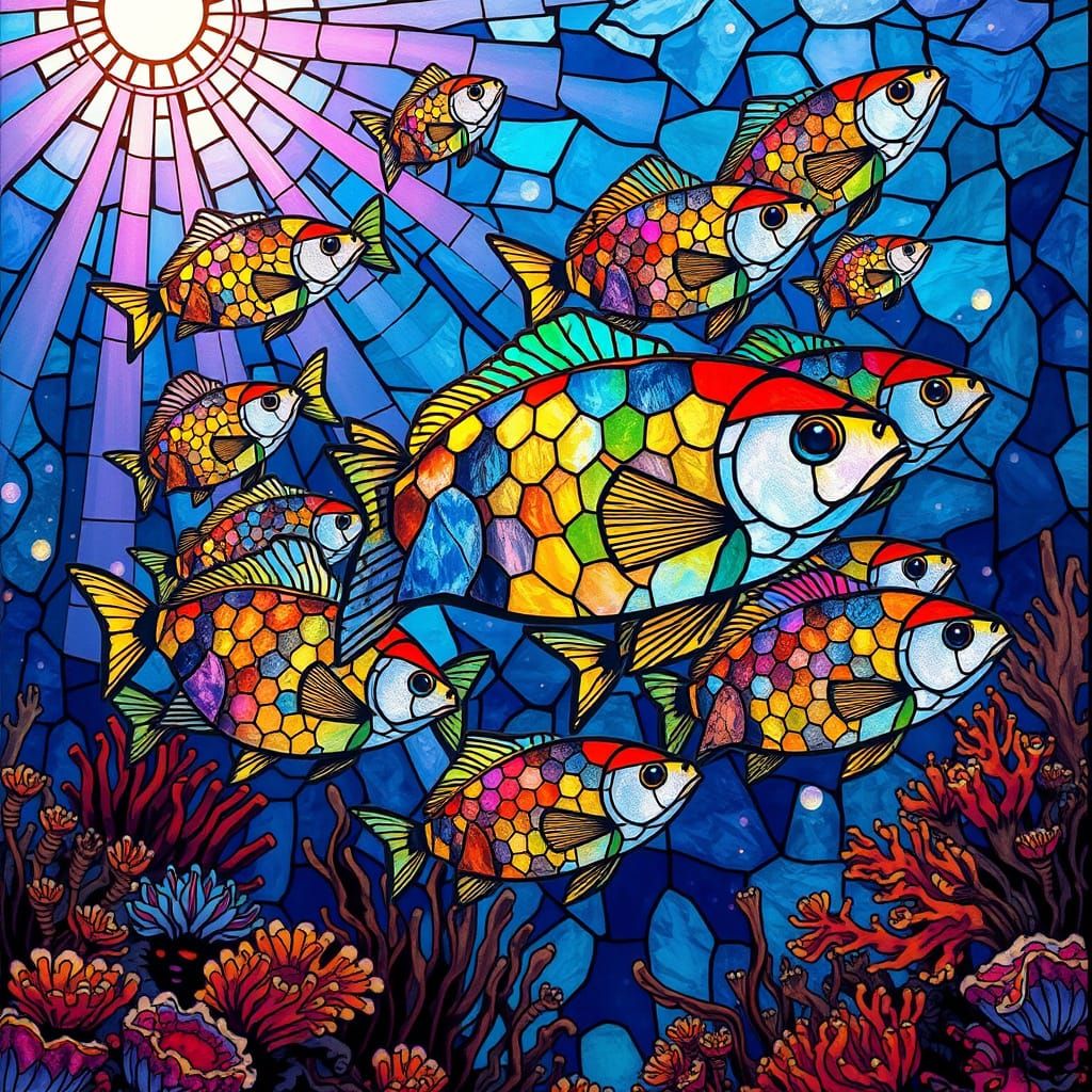 A school of fish made entirely of stained glass,