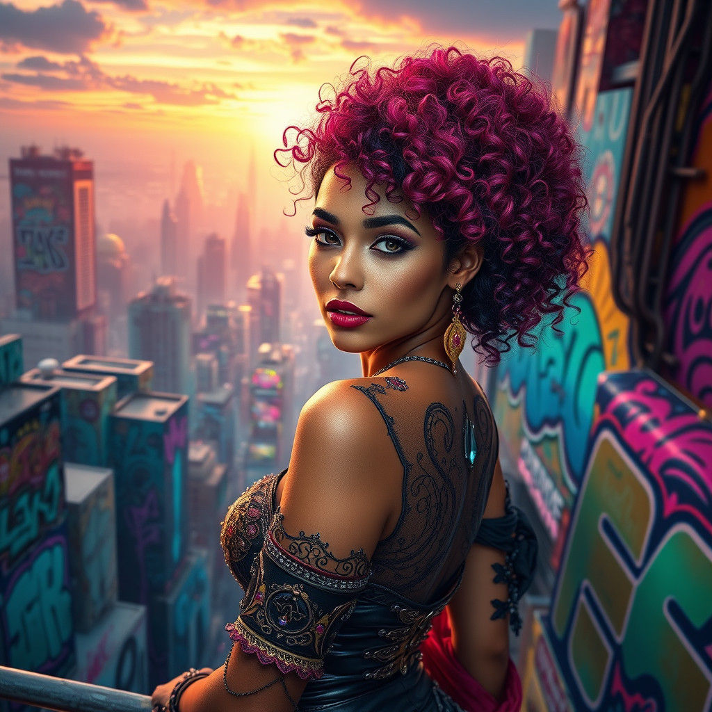 Woman in Ornate Attire Posing in Futuristic Cityscape