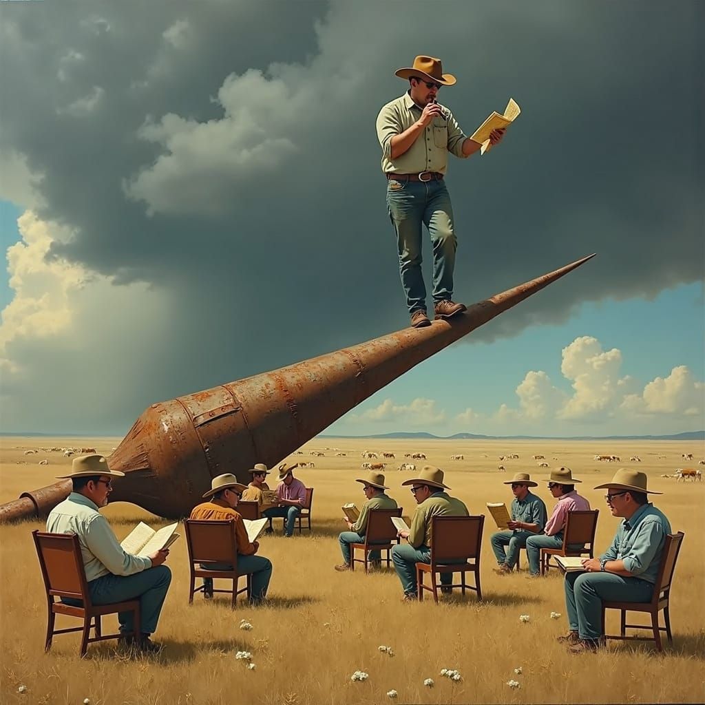 Surreal Cowboy Contemplates Fate on Giant Needle