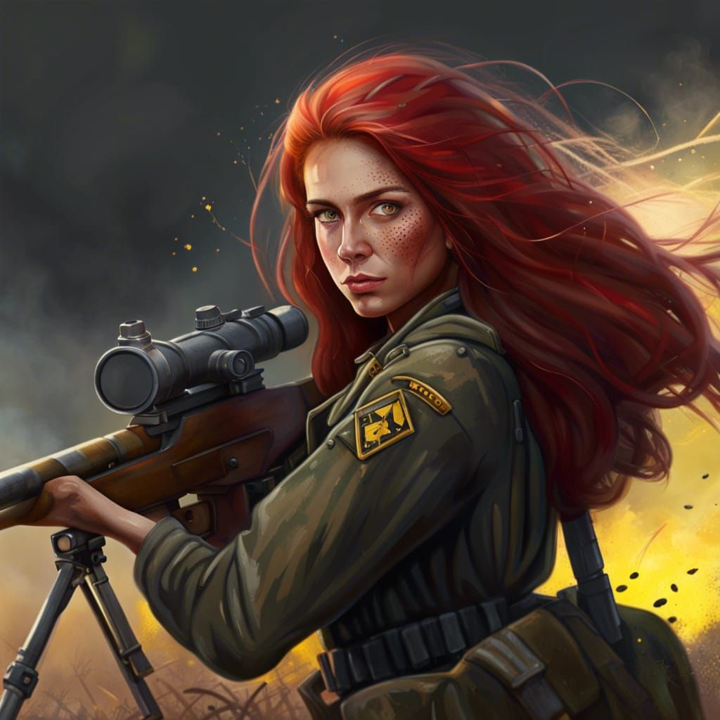 Red-Haired Sniper in World War II Landscape