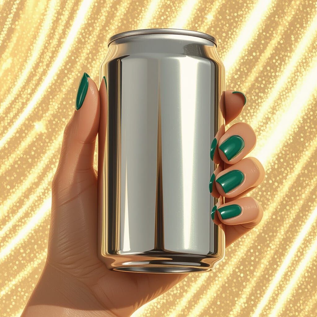 Woman's Hand with Green Nails Holding Silver Can