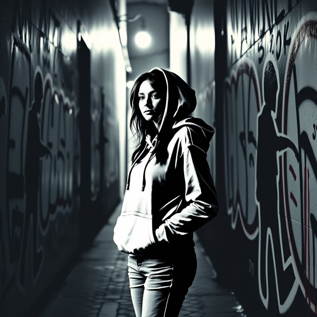 Contemplative Woman in Urban Graffiti, Banksy Style