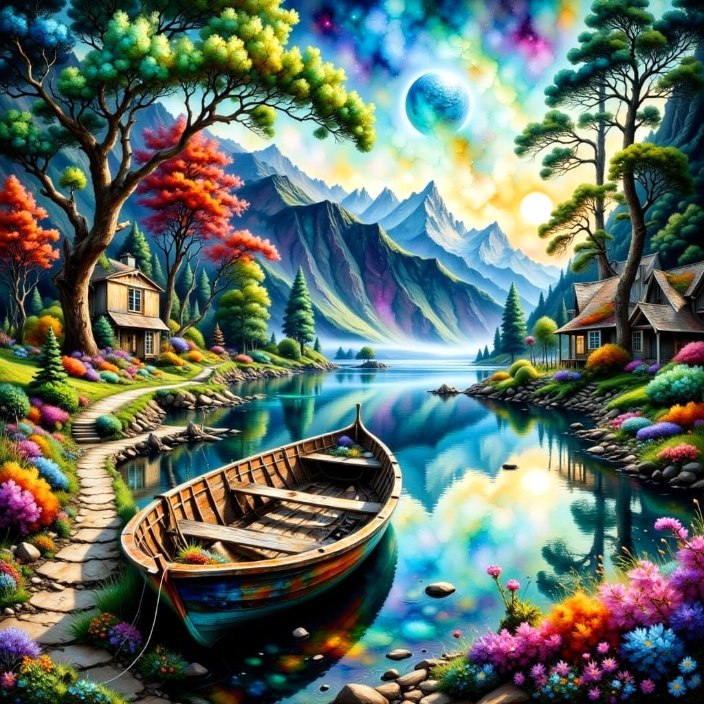 Dreamy Landscape with Trees and Lake in Impasto Style