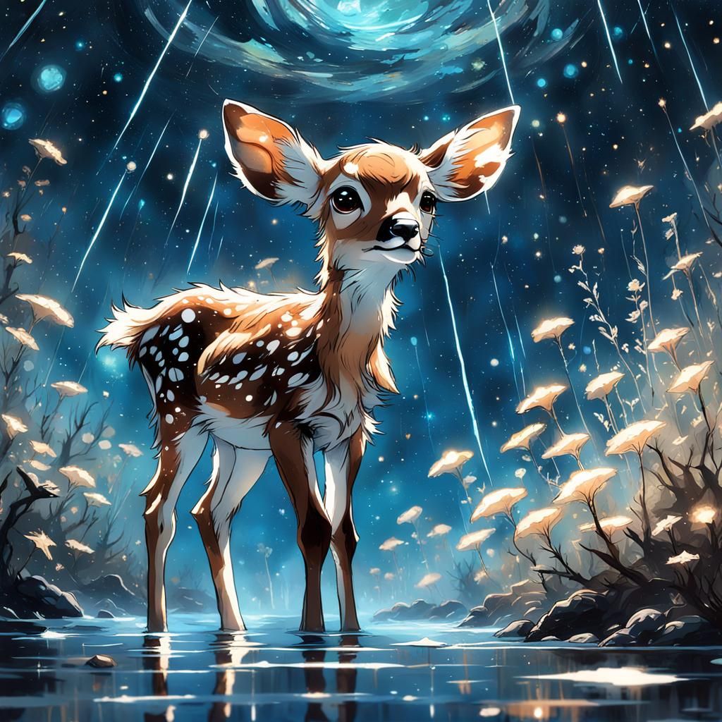 Fluffy Fawn Under Bioluminescent Starry Sky