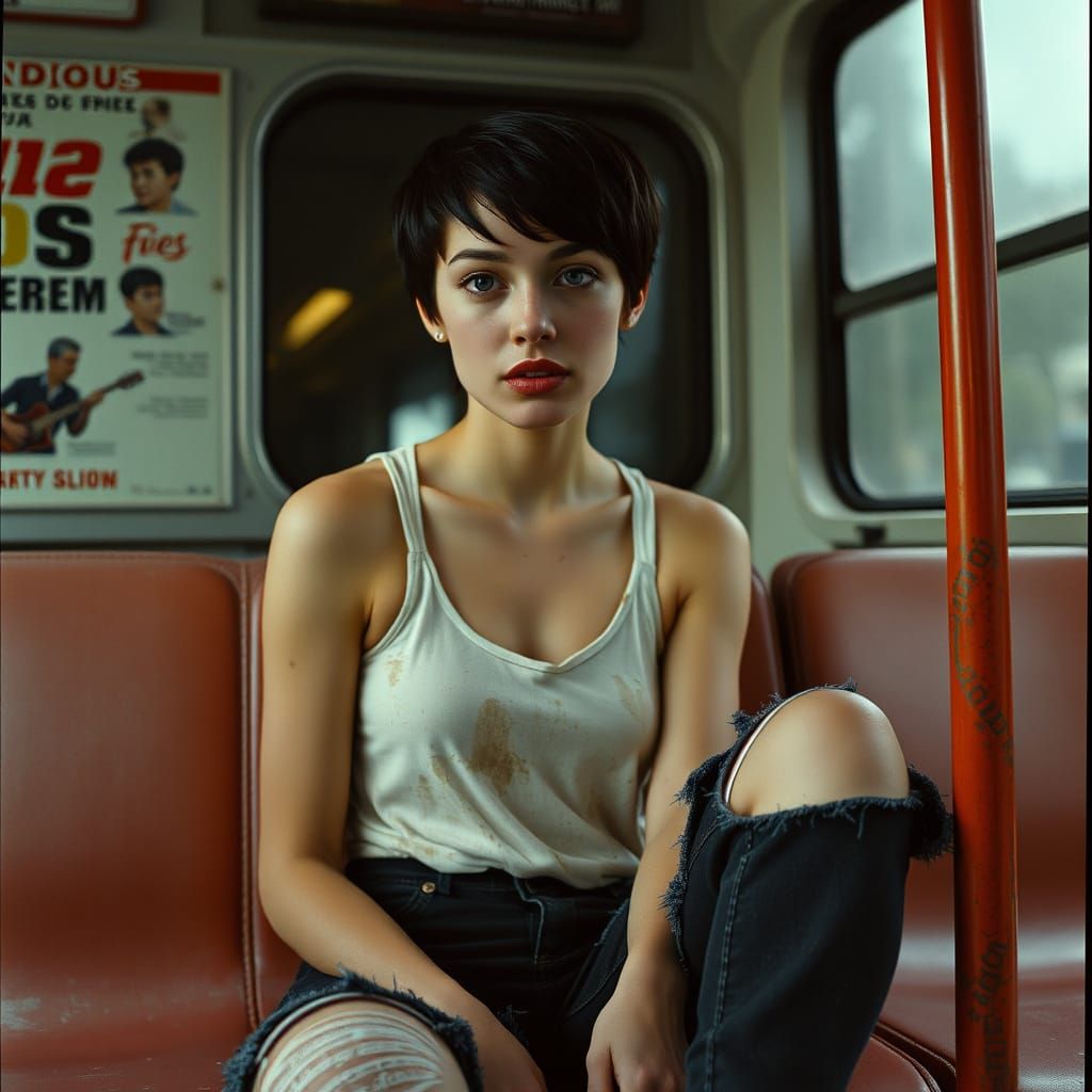 Woman on Bus in Cinematic Film Still