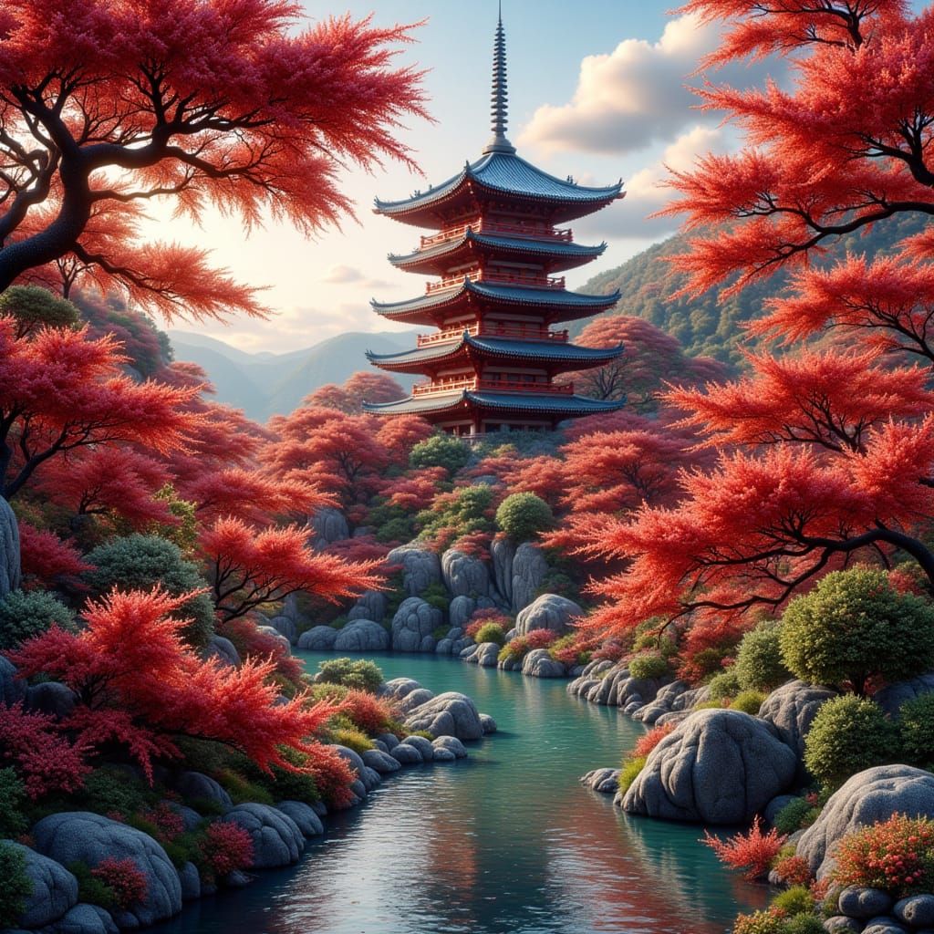 Serene Japanese Pagoda Amidst Red Dragon Trees