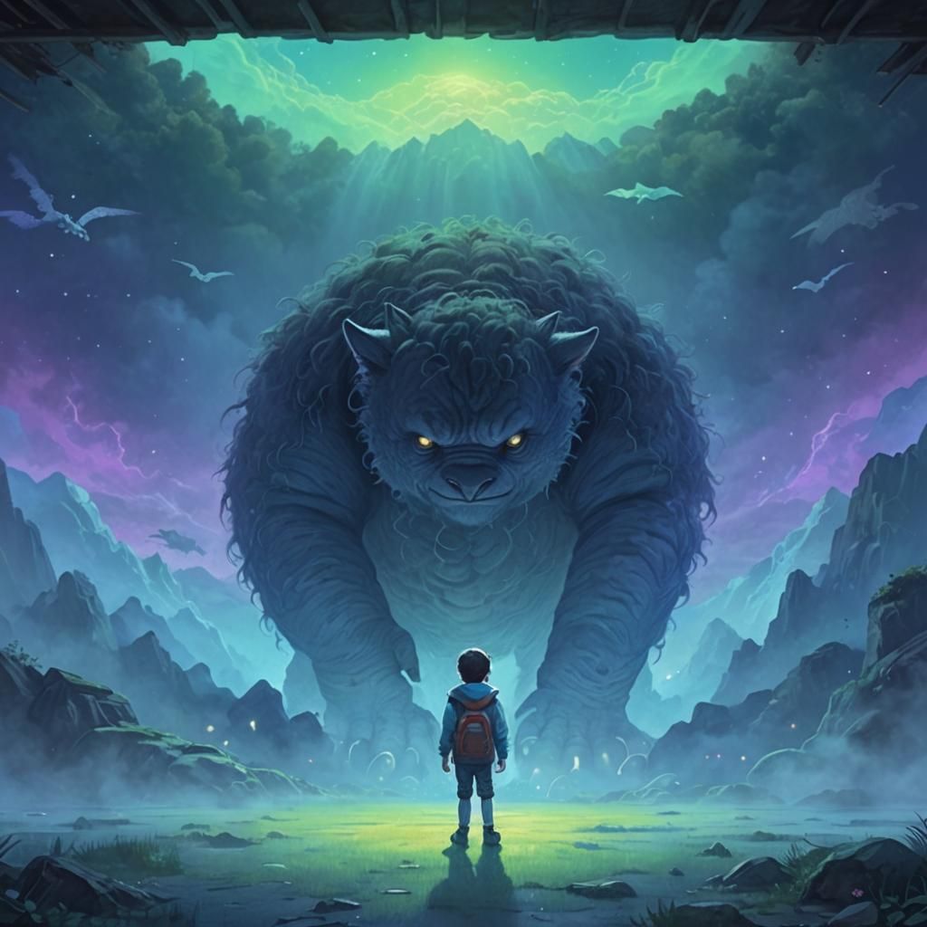 Child and Giant Creature in Sci-Fi Landscape
