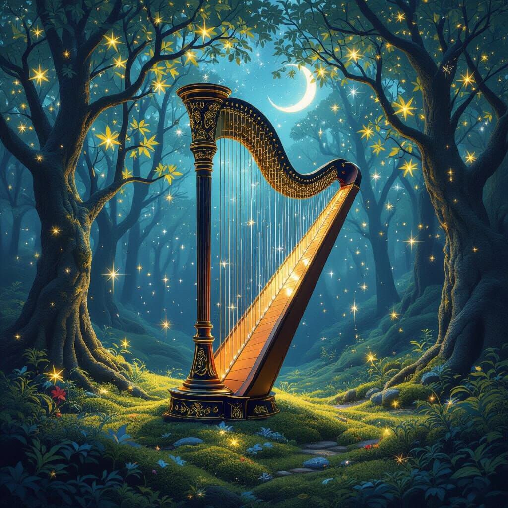 Celestial Harp in Hidden Grove: A Digital Fantasy